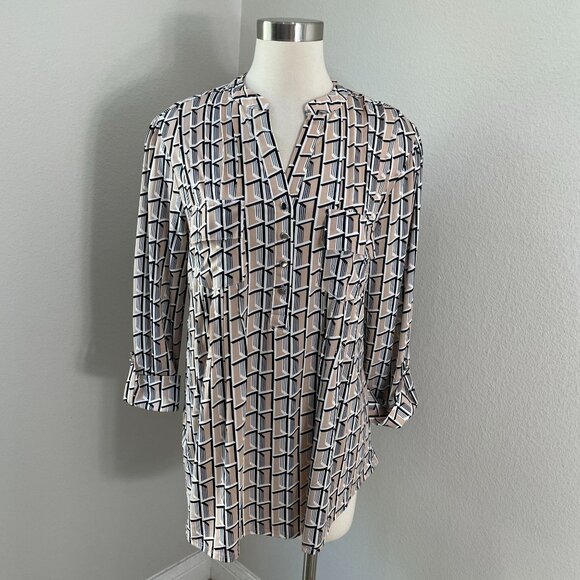 Cocomo Woman Plus 1X Geometric Blouse Stretch V Neck Tunic Top Roll Tab Sleeve - Picture 1 of 11